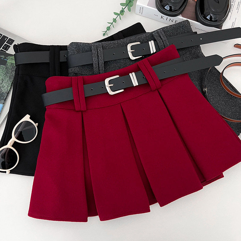 红色毛呢高腰显瘦半身裙百褶裙防走光短裙a字裙女配皮带秋冬新款