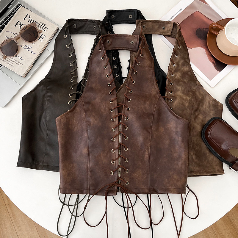 美式复古辣妹时尚百搭PU皮挂脖交叉系带露背吊带背心内搭上衣女,女装/女士精品,背心吊带,淘宝优惠券,粉丝福利购,淘宝优惠卷