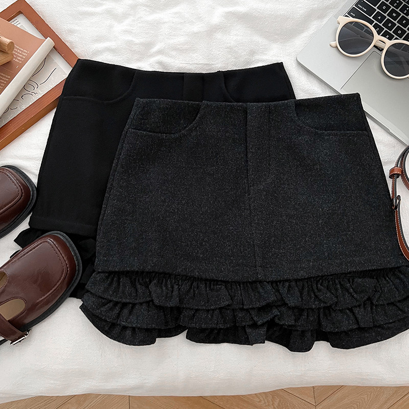 设计感时尚百搭木耳荷叶边高腰显瘦毛呢半身裙防走光短裙包臀裙女,女装/女士精品,半身裙,淘宝优惠券,粉丝福利购,淘宝优惠卷