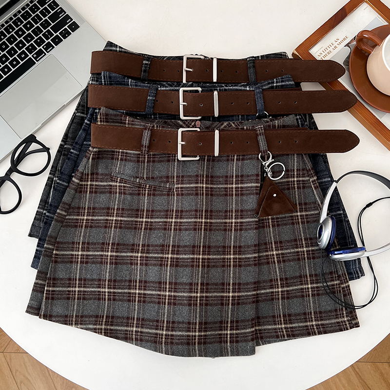 韩版学院风格纹毛呢高腰显瘦裤裙休闲裤靴裤热裤阔腿裤配皮带女