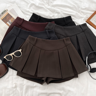 复古辣妹时尚 裙防走光短裙女 百搭加厚毛呢高腰显瘦半身裙百褶裙裤