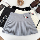 韩版 学院风刺绣小狗高腰毛呢半身裙百褶裙防走光短裙a字裙女秋冬