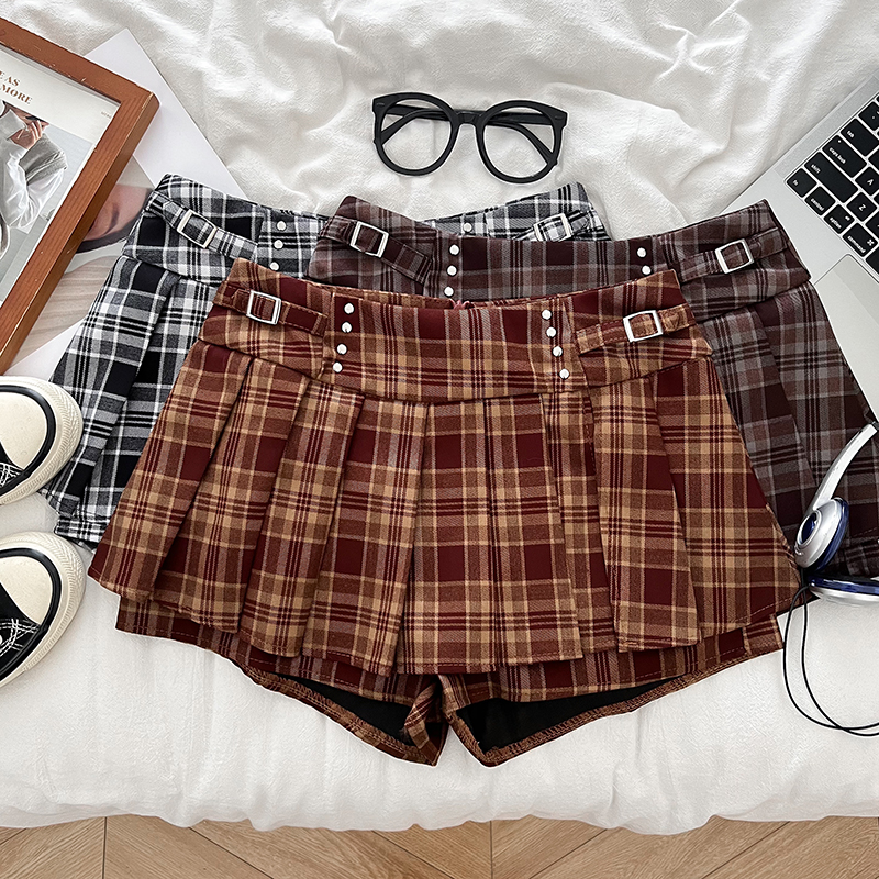 格纹高腰开叉半身裙防走光短裙