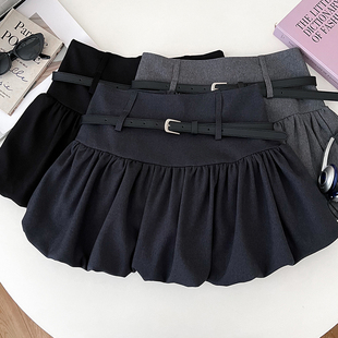 韩版气质百搭高腰显瘦花苞短裙半身裙蓬蓬裙配皮带女秋冬新款