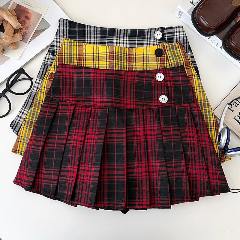 美式复古辣妹两粒扣格子高腰显瘦半身裙百褶裙防走光短裙a字裙女,女装/女士精品,半身裙,淘宝优惠券,粉丝福利购,淘宝优惠卷