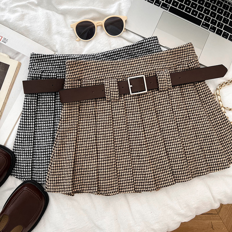 复古百搭千鸟格高腰显瘦半身裙防走光短裙百褶裙配皮带女秋冬新款,女装/女士精品,半身裙,淘宝优惠券,粉丝福利购,淘宝优惠卷