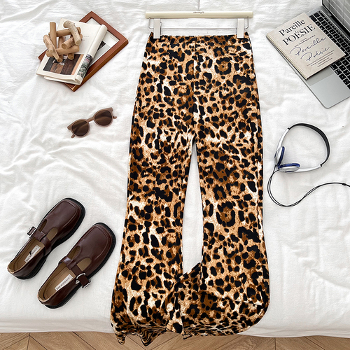 European and American-style sexy fashion versatile leopard-print high-waisted slimming slightly flared wide-leg casual pants women's trousers