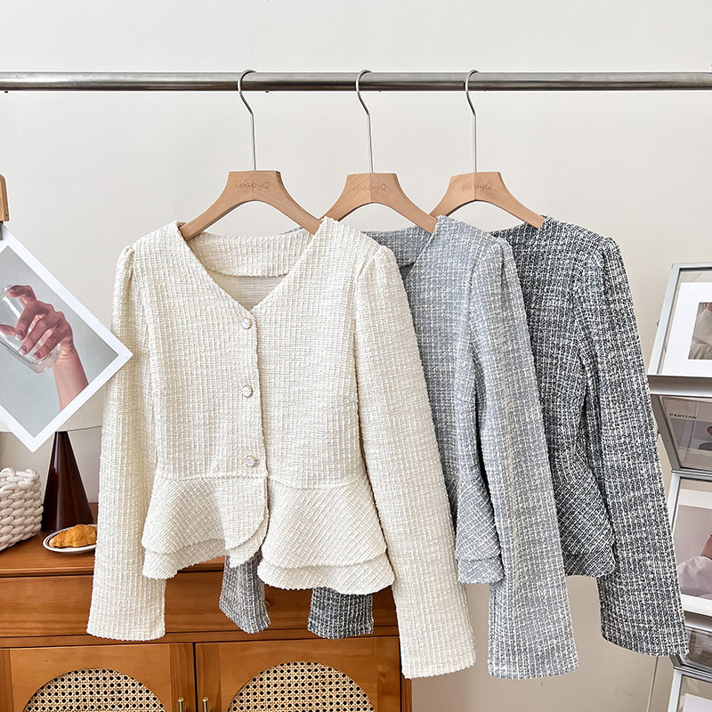 设计感气质小香风粗花呢v领单排扣双层荷叶边长袖开衫外套上衣女,女装/女士精品,短外套,淘宝优惠券,粉丝福利购,淘宝优惠卷