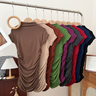 连衣裙包臀裙打底裙女秋季 显瘦短袖 百搭半高领褶皱修身 设计感时尚