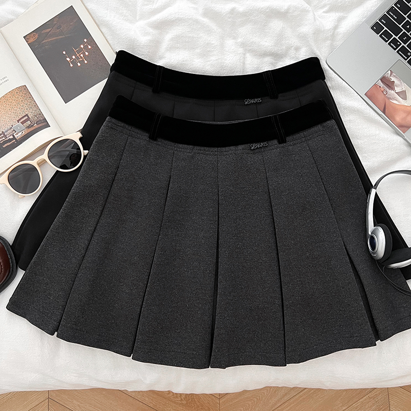 时尚百搭撞色高腰显瘦加厚毛呢半身裙百褶裙防走光短裙a字裙女