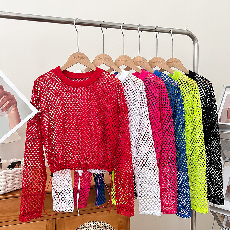 欧美性感百搭圆领镂空渔网短款抽绳长袖罩衫t恤上衣女夏季新款