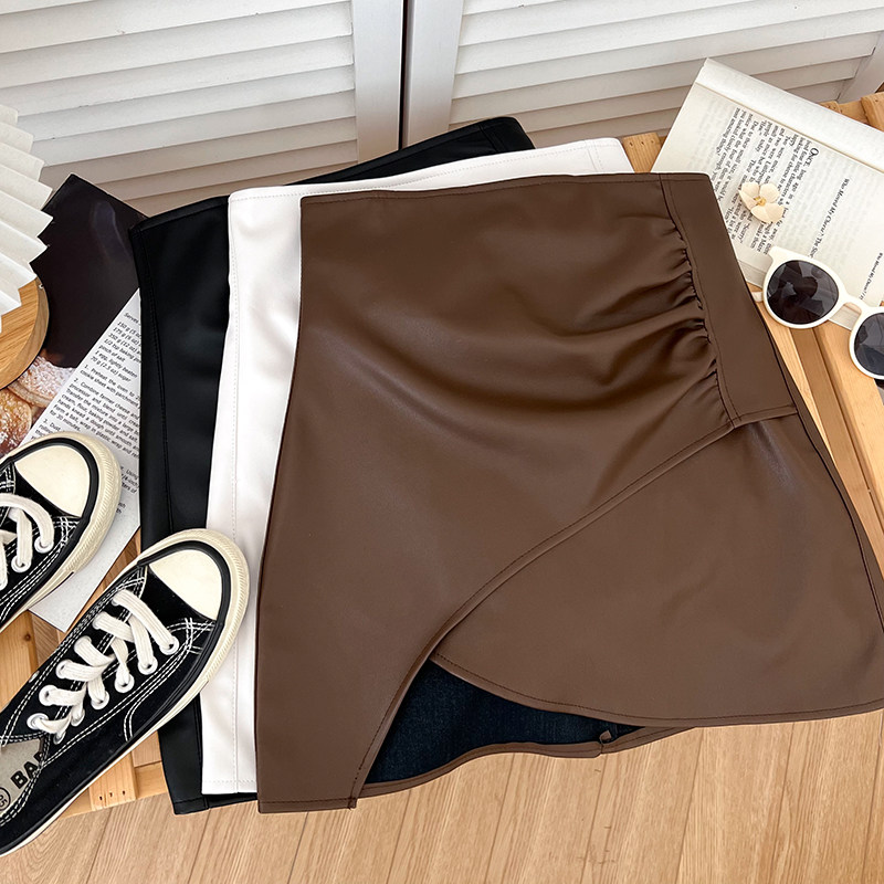 设计感时尚百搭PU皮高腰显瘦不规则褶皱半身裙防走光短裙包臀裙女,女装/女士精品,半身裙,淘宝优惠券,粉丝福利购,淘宝优惠卷