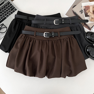 韩版甜美减龄高腰显瘦花苞半身裙防走光短裙蓬蓬裙a字裙女配皮带