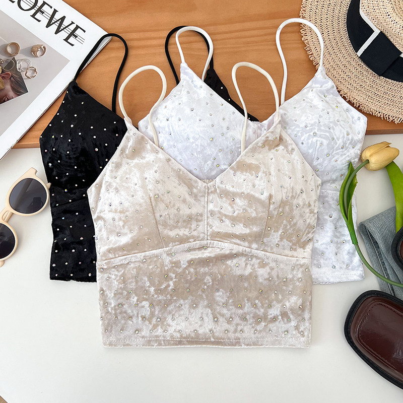 设计感性感v领镶钻钉珠修身显瘦金丝绒吊带背心内搭打底衫上衣女,女装/女士精品,背心吊带,淘宝优惠券,粉丝福利购,淘宝优惠卷