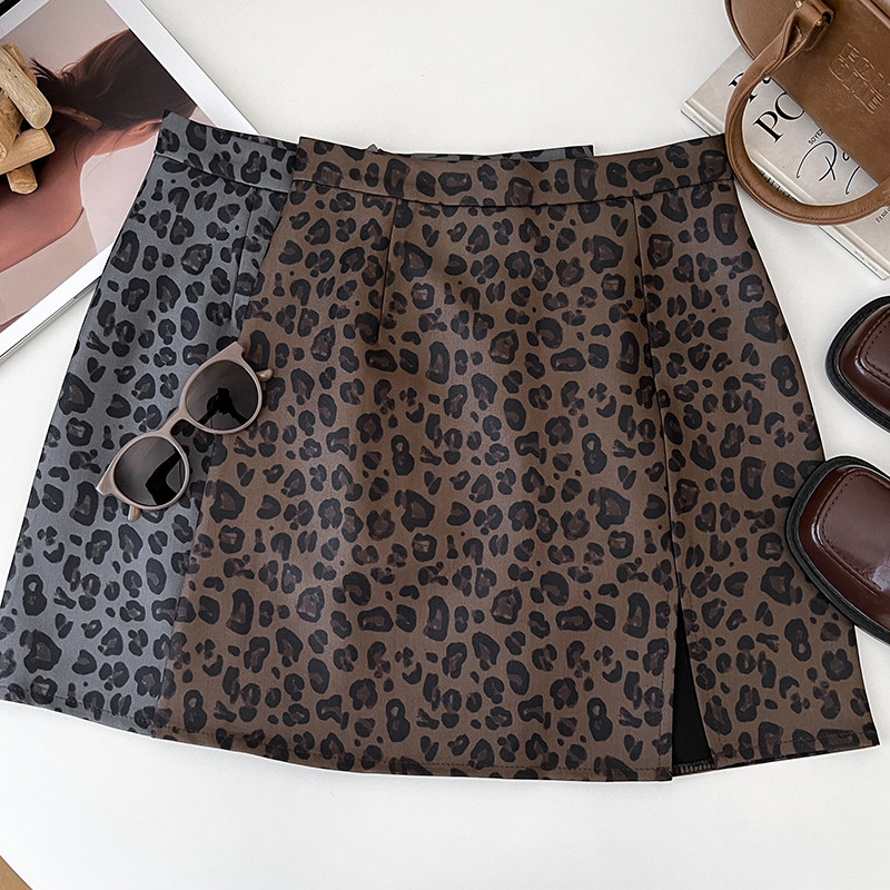 复古时尚豹纹印花高腰显瘦开叉半身裙包臀裙防走光短裙包臀裙女
