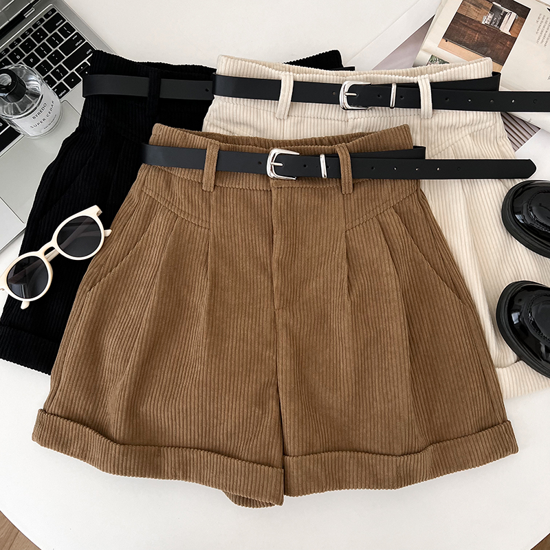 灯芯绒高腰卷边短裤阔腿裤