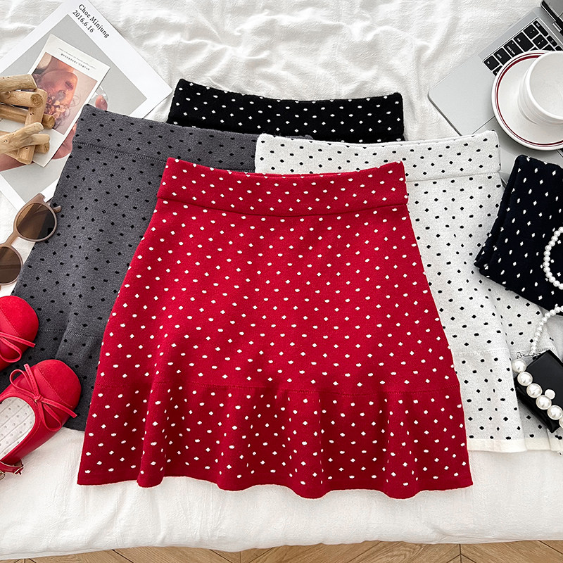 韩版甜美减龄波点高腰显瘦荷叶边针织半身裙短裙a字裙女秋冬新款,女装/女士精品,半身裙,淘宝优惠券,粉丝福利购,淘宝优惠卷