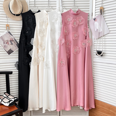 重工钉珠立体花朵无袖背心连衣裙