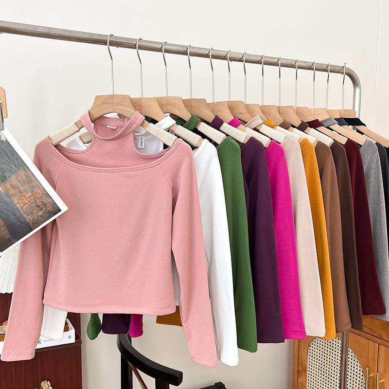 露肩镂空挂脖加厚薄绒长袖t恤