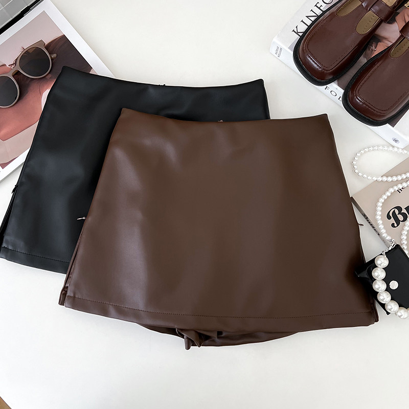 PU皮两侧拉链开叉高腰显瘦半身裙