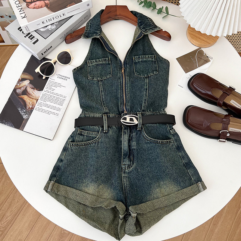 复古时尚百搭挂脖拉链高腰显瘦牛仔连体裤阔腿裤休闲裤女配皮带,女装/女士精品,连体衣/裤,淘宝优惠券,粉丝福利购,淘宝优惠卷