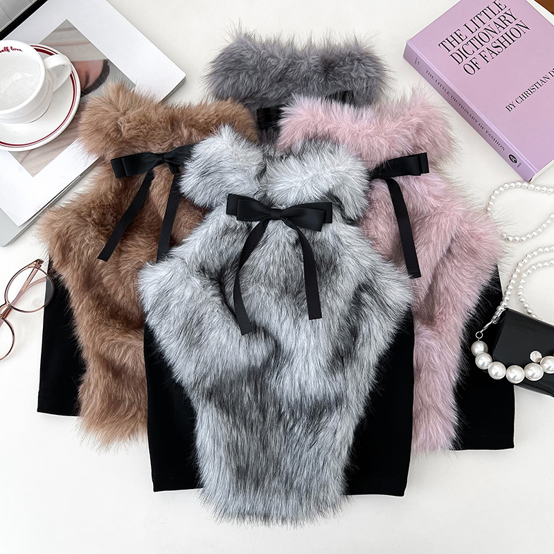 甜美蝴蝶结毛毛无袖吊带背