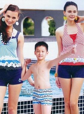 品牌正品华黛思温泉保守显瘦游泳衣女分体平角裤91209蓝白条纹左