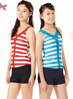 品牌专柜正品华黛思温泉少女儿童游泳衣女分体平角73212左红白条