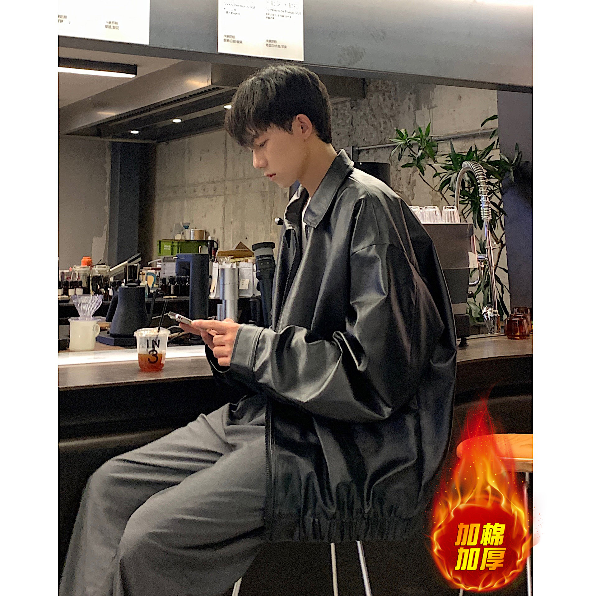PY12 港风秋装夹克皮衣宽松上衣外套休闲男士大码机车服 P95控108图片