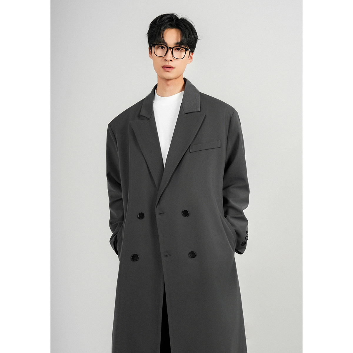 直播款2025春装新款男生双排扣中长款风衣男垫肩西装外套F382，男装风衣，电商A152