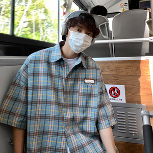 格子短袖衬衫男夏季条纹潮流宽松衬衣帅气休闲港风百搭CS60-P45图片