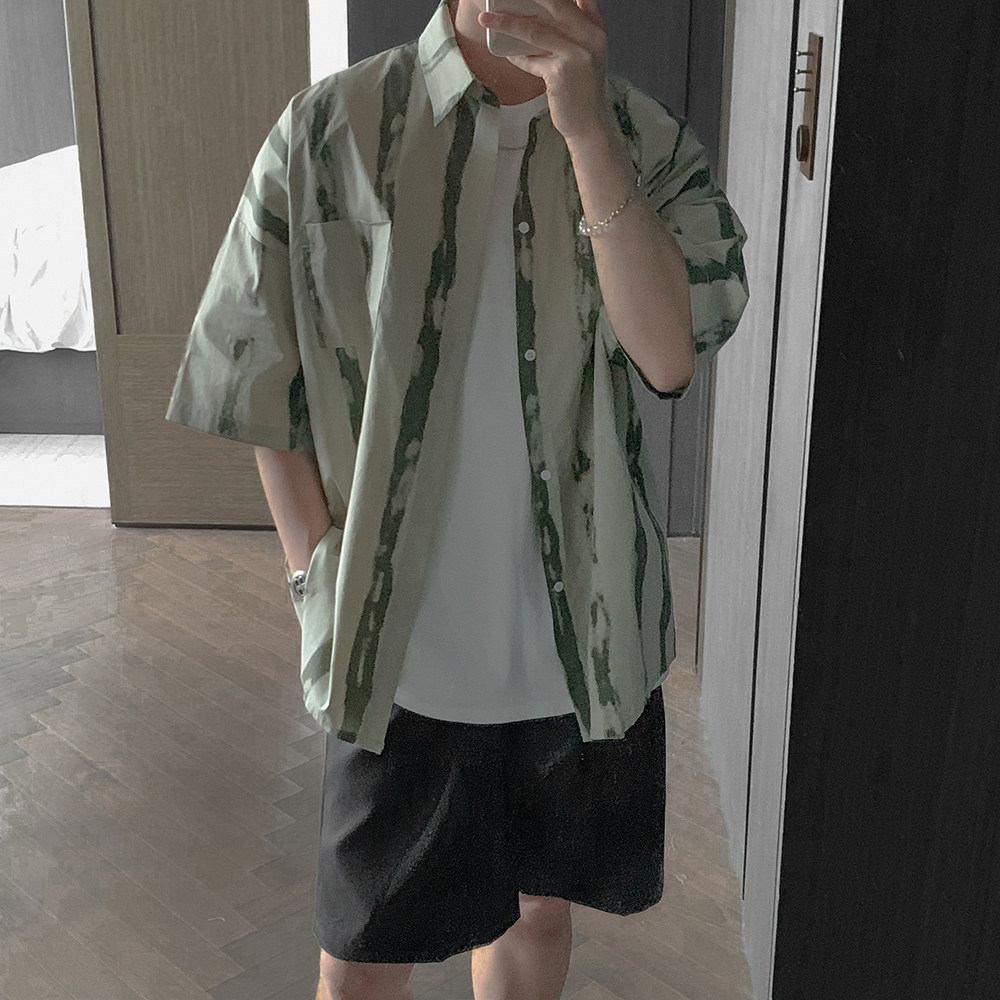 条纹衬衫男夏季潮牌ins港风印花潮流百搭宽松短袖衬衣CS208-P48,男装T恤,电商A152