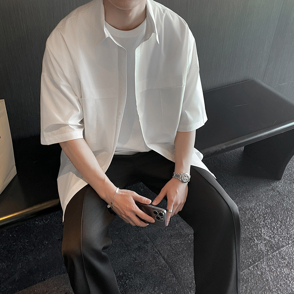 白衬衫男短袖夏季设计感高级潮流宽松休闲大码半袖衬衣CS202-P48,男装T恤,电商A152