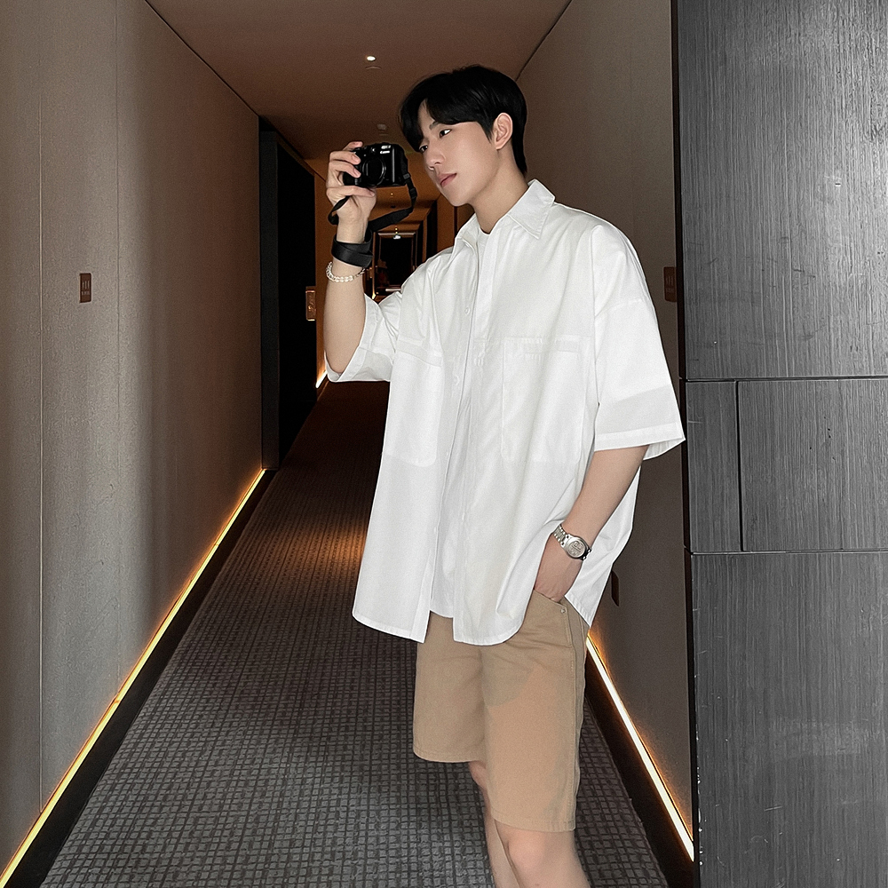 白色短袖衬衫男士夏季2024新款痞帅衬衣外套休闲上衣CS206-P48