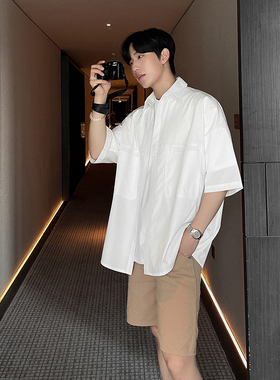 白色短袖衬衫男士夏季2024新款痞帅衬衣外套休闲上衣CS206-P48