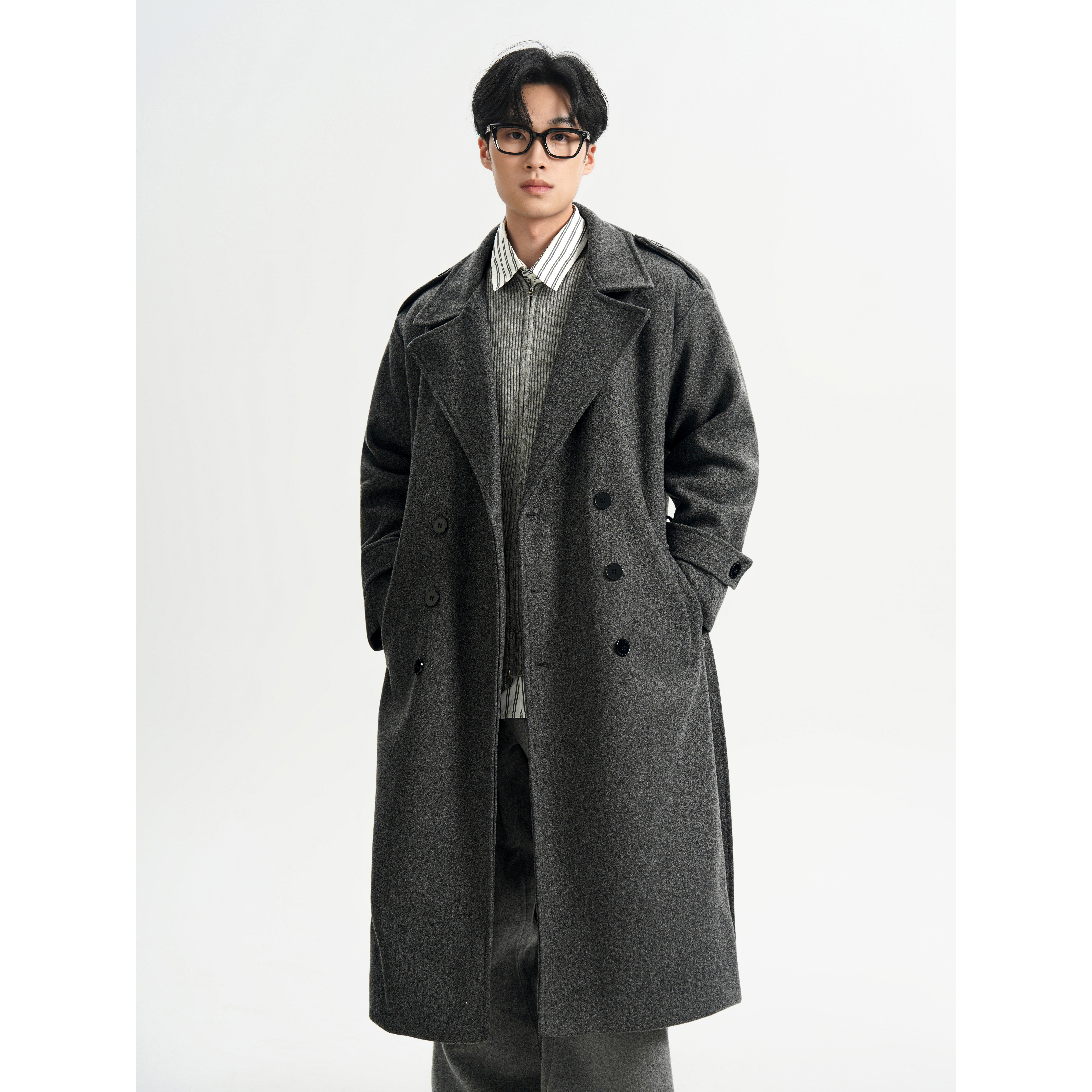 抖音秋冬中长款男生过膝毛呢大衣男肩章加厚外套F399-P138，男装毛呢大衣，电商A152