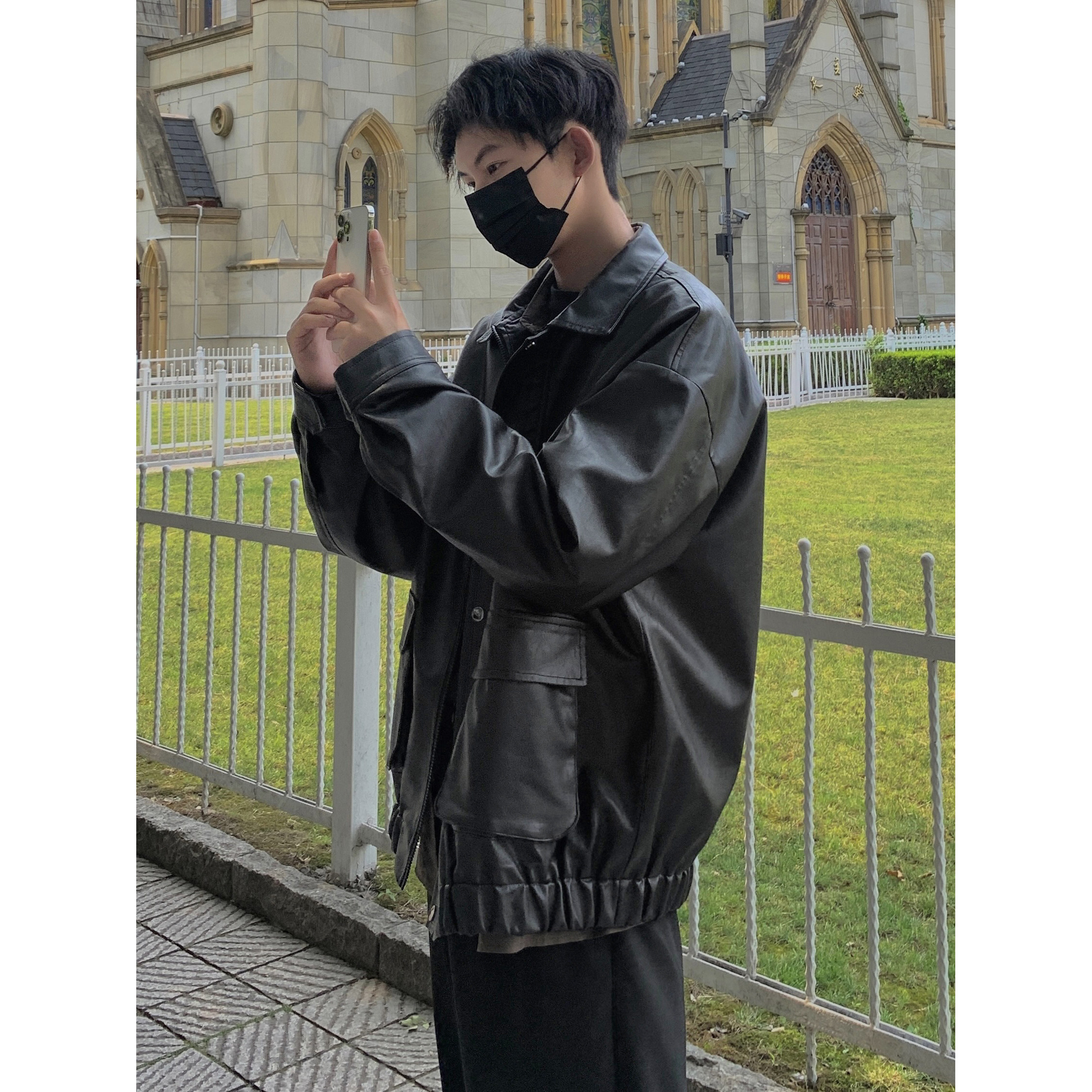 机车风皮夹克男ins港风宽松皮衣服秋季潮牌高街外套大码PY15-P105,男装夹克,电商A152
