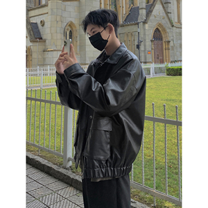 机车风皮夹克男ins港风宽松皮衣服秋季潮牌高街外套大码PY15-P105图片