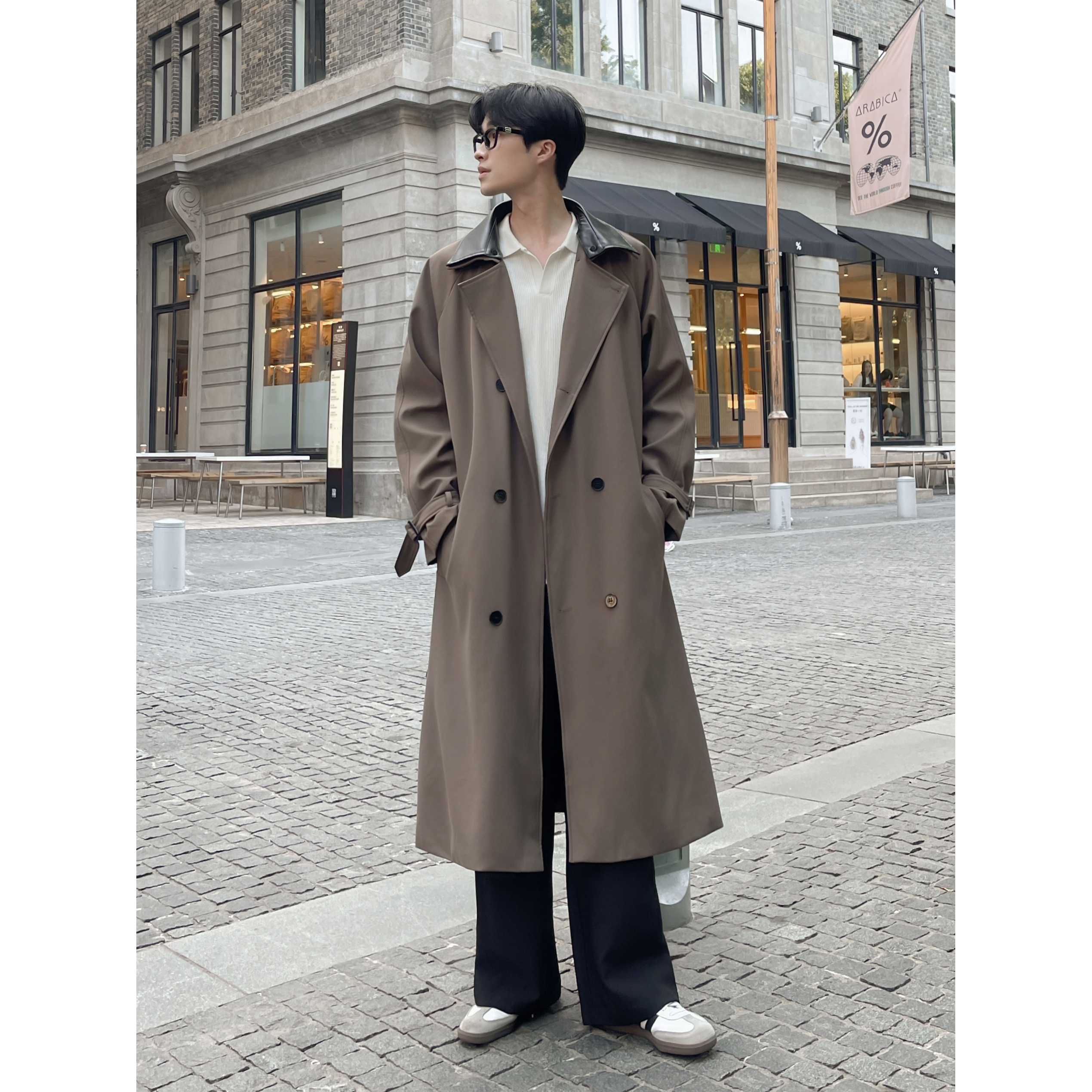 直播品质秋冬新款男士中长款风衣领子拼接过膝风衣韩版F321-P118，男装风衣，电商A152