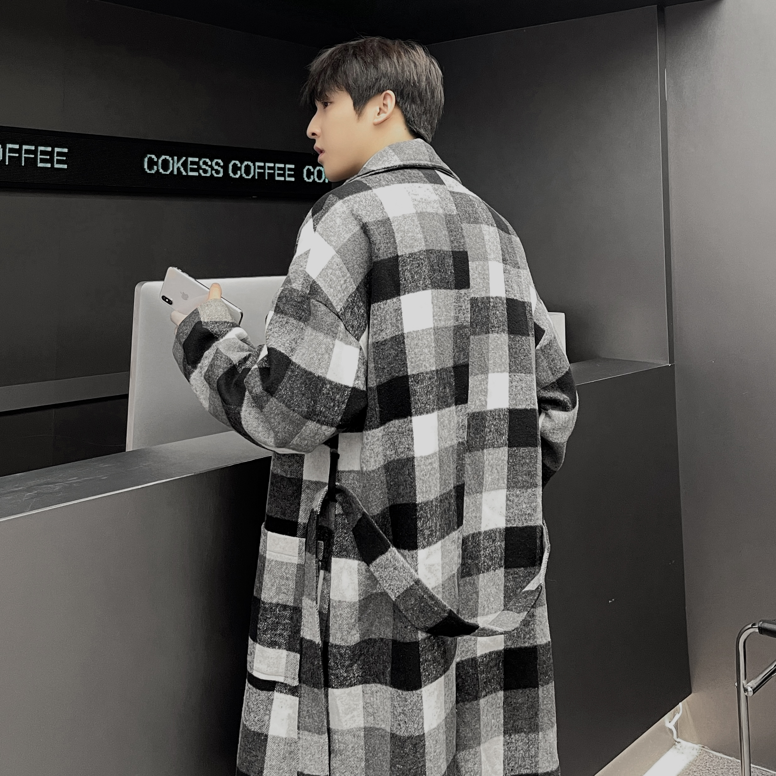 中长款毛呢大衣男士冬季宽松双排扣中长款格子毛呢风衣F313-P138