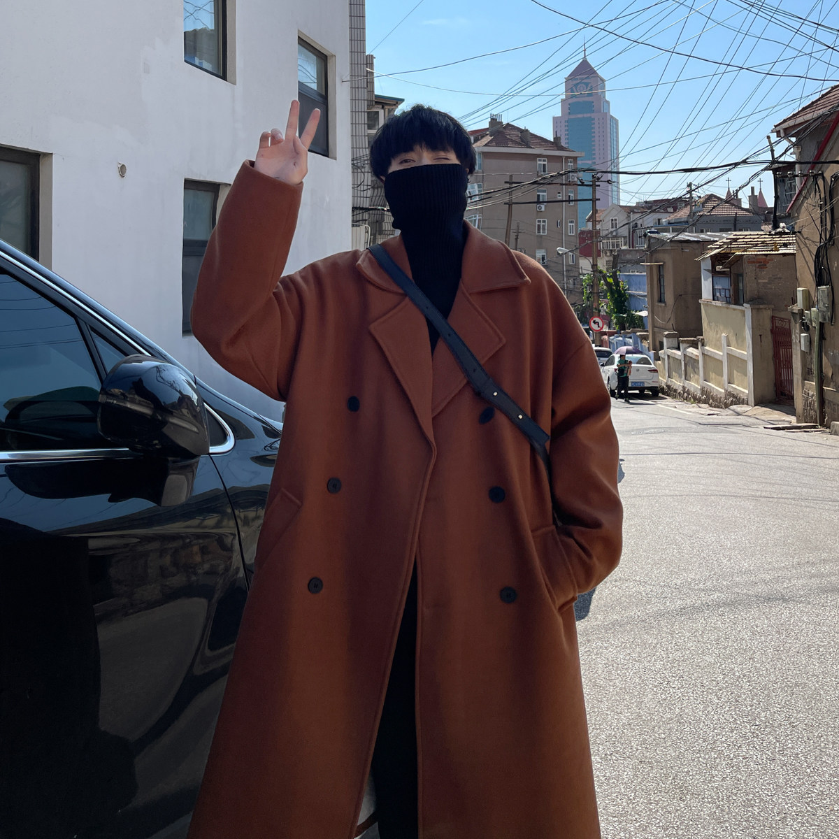 毛呢外套男oversize中长款风衣春秋季韩版潮流毛呢大衣F36-P128,男装风衣,电商A152