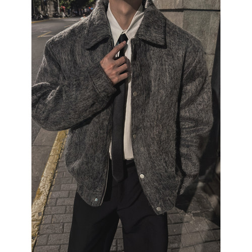 老钱风秋冬新款毛呢大衣男加厚短款毛呢夹克宽松外套6089-P138