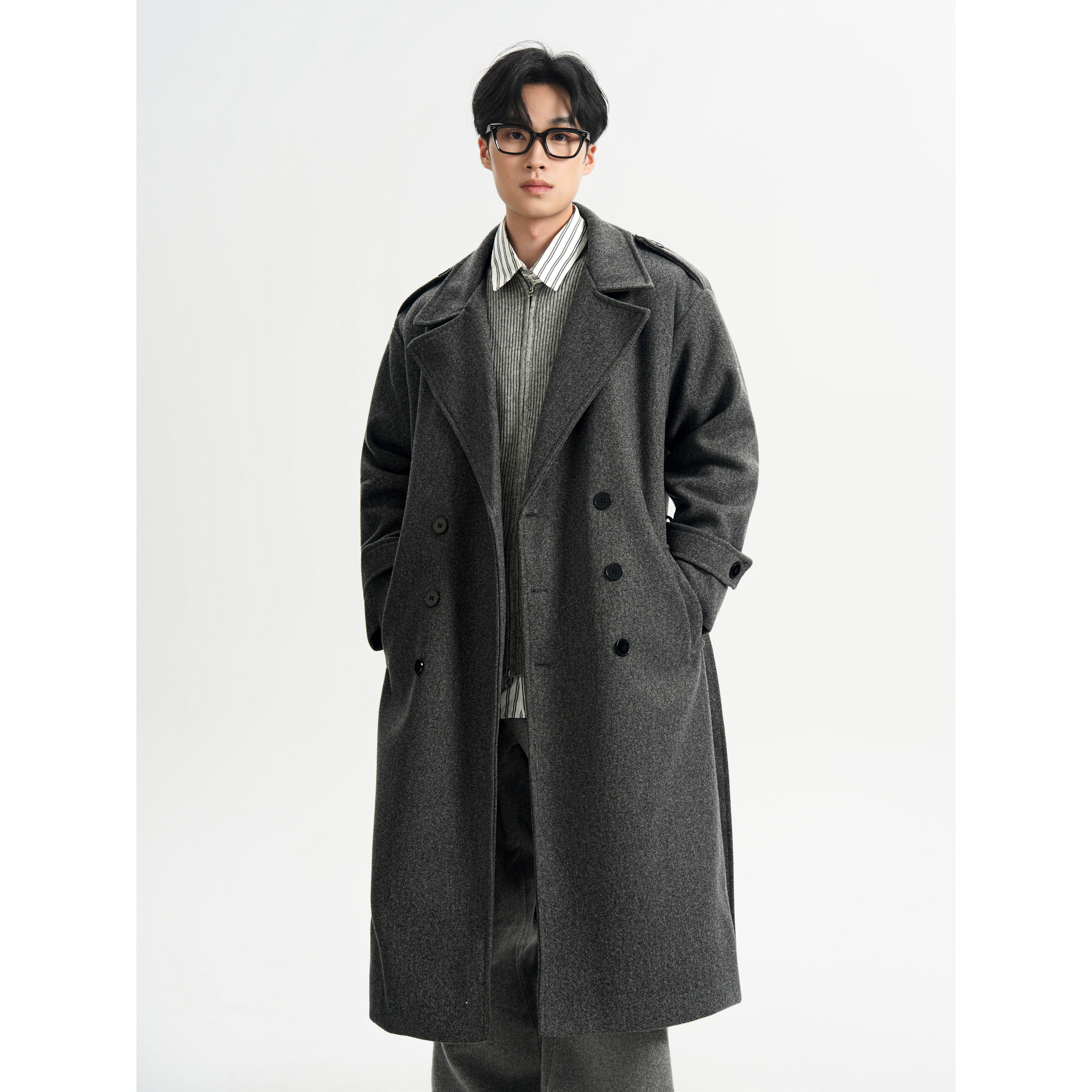 抖音秋冬中长款男生过膝毛呢大衣男肩章加厚外套F399-P138,男装毛呢大衣,电商A152