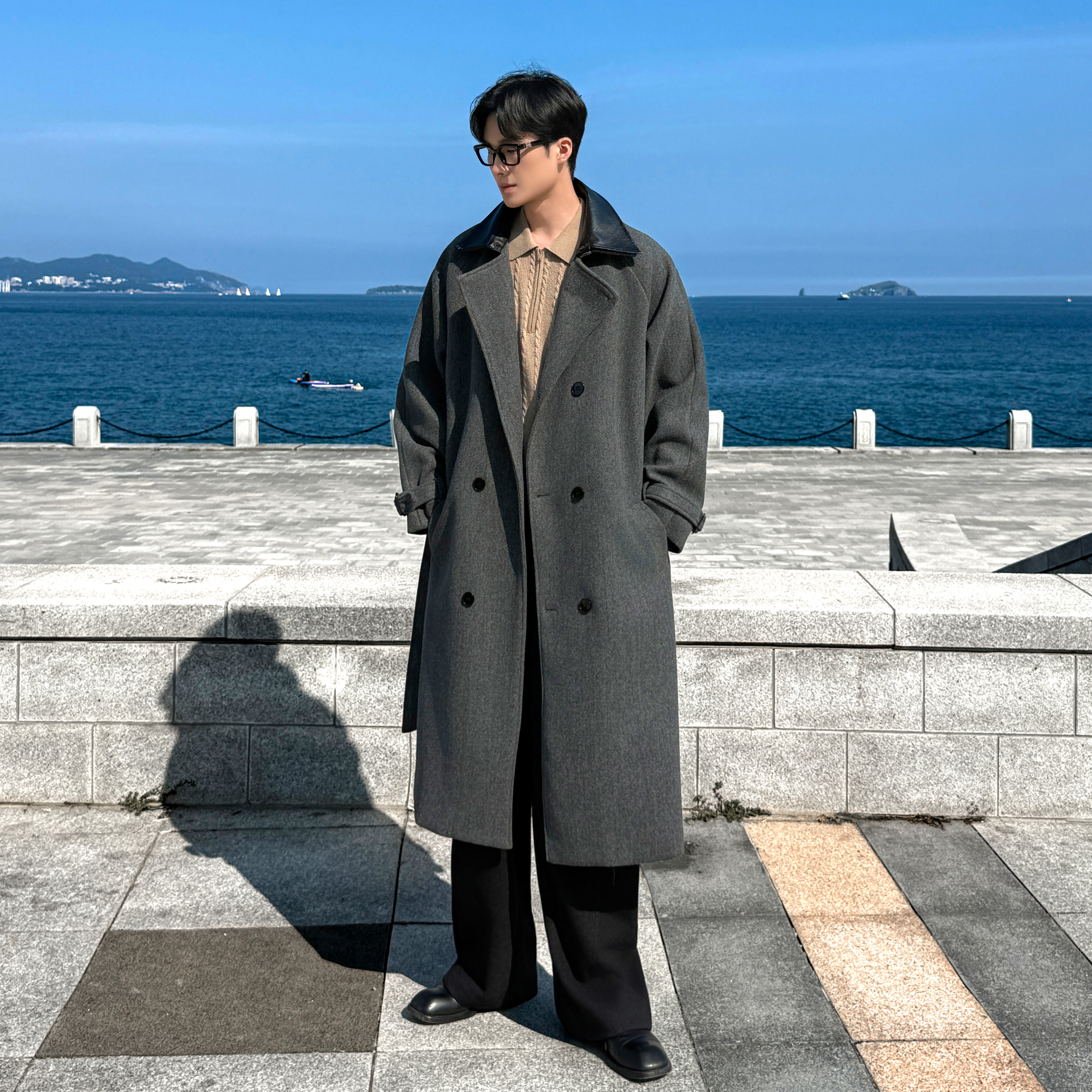 秋冬新款男士中长款风衣领子拼接过膝风衣韩版毛呢大衣F396-P138，男装风衣，电商A152