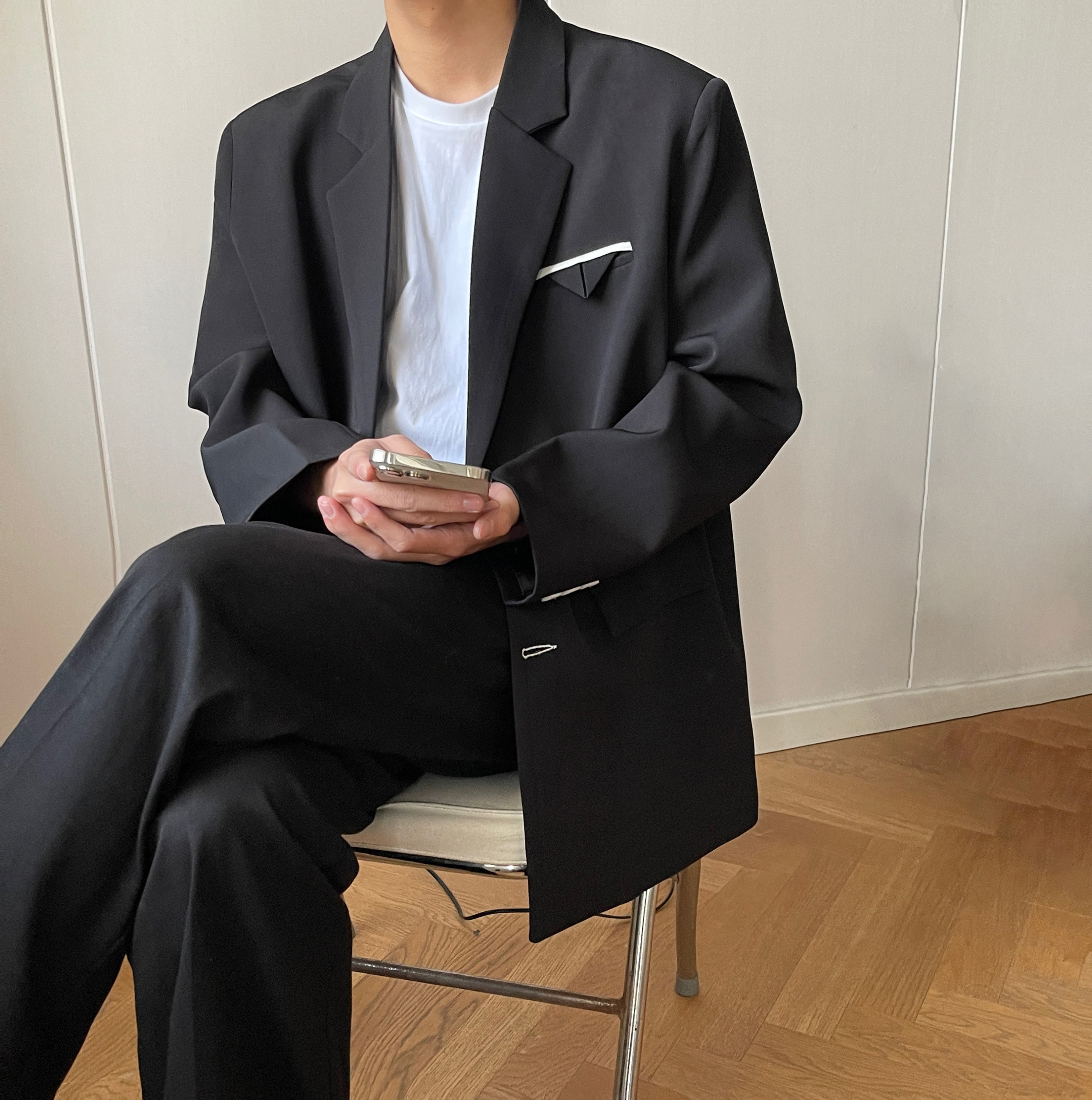 春秋季韩版小西装外套黑色oversize痞帅潮男士休闲西服XF131-P95图片