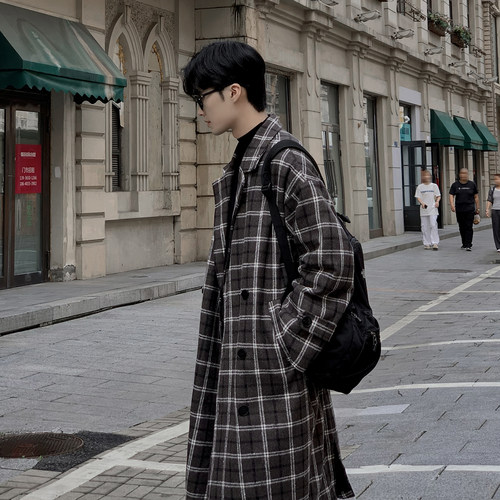直播品质 高级感男生中长款毛呢大衣格子风衣加厚韩版F362-P138