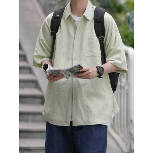 直播款 M-5XL 高品质男生短袖条纹衬衫宽松港风CS107-P55控68