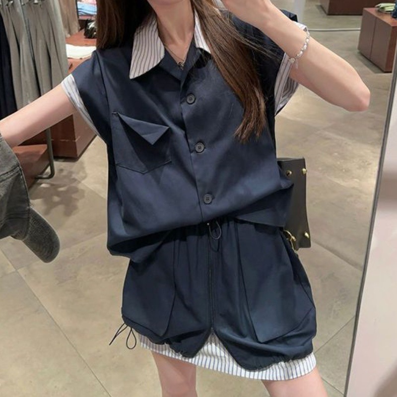 拼接撞色無(wú)袖馬甲襯衫女夏季上衣套裝工裝休閑A字半身短裙兩件套