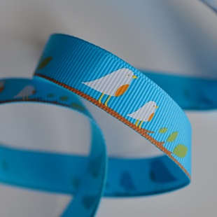 15mm宽 1米价法国带回松石蓝底色涤纶材质小鸟树枝印花织带