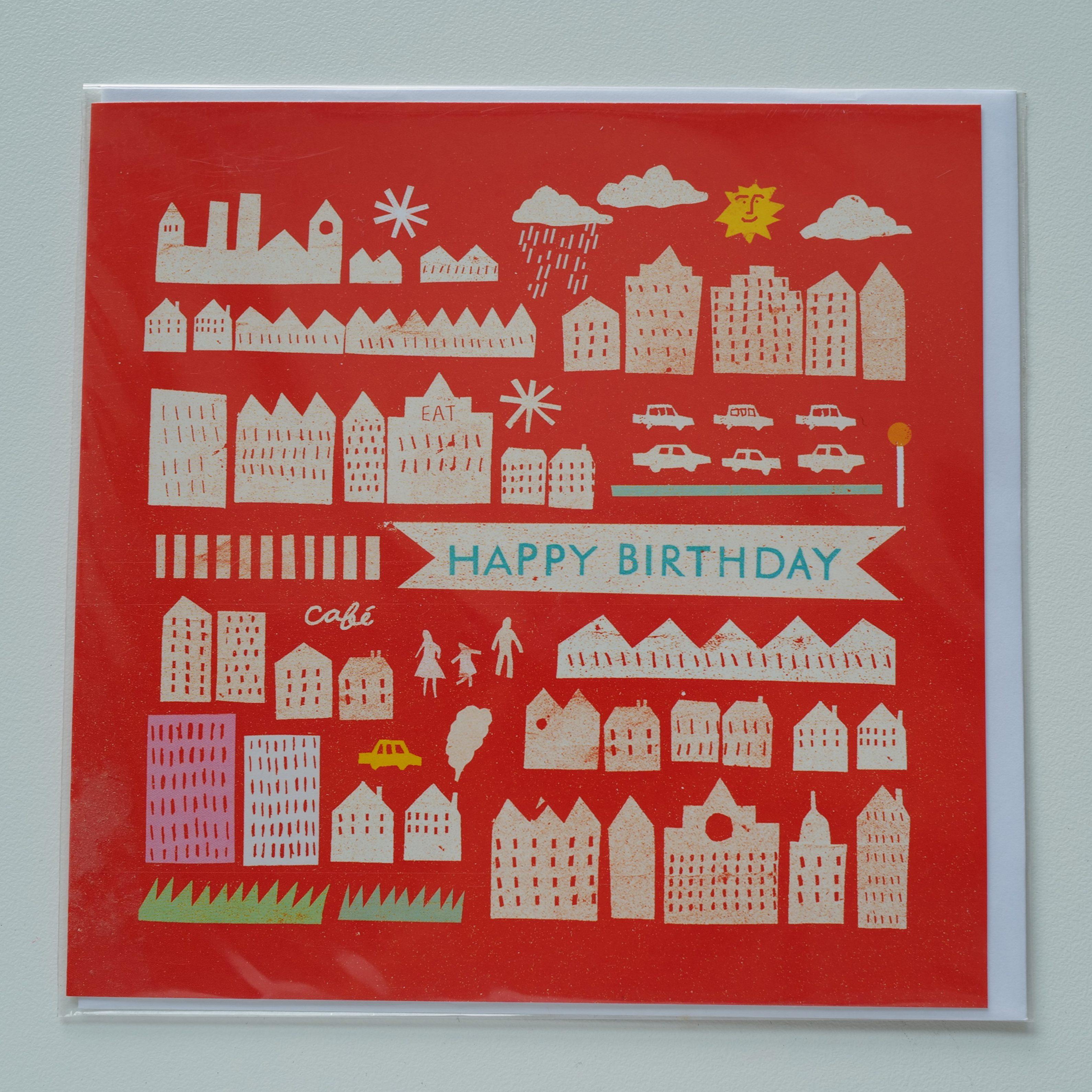 英国艺术家Louise Lockhart循环材料红色底房屋插图生日快乐贺卡
